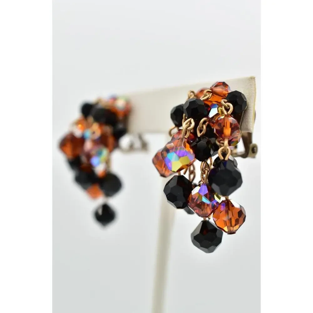 Laguna Vintage Clip On Crystal Earrings Chandelier Black Orange Signed 1950s A24